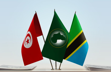 Flags of Tunisia African Union and Tanzania