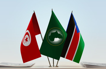 Flags of Tunisia African Union and South Sudan