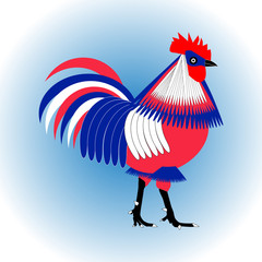 Stylized three-color chicken rooster isolated on a light blue background. Vector flat design. © Vera
