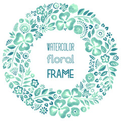 Fototapeta na wymiar Watercolor floral frame in teal tones