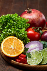 Bowl with oatmeal flakes served with fruits on wooden tray wooden background, flat lay, selective focus