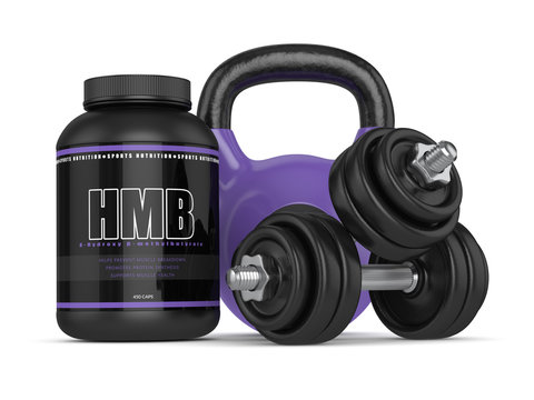3d render of HMB container with kettlebell and dumbbells