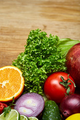 Bowl with oatmeal flakes served with fruits on wooden tray wooden background, flat lay, selective focus