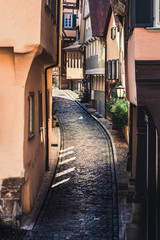 Fototapeta premium Cityscape with old, half-timbered buildings in romantic medieval town of Schwäbisch Hall in Baden-Württemberg, Germany
