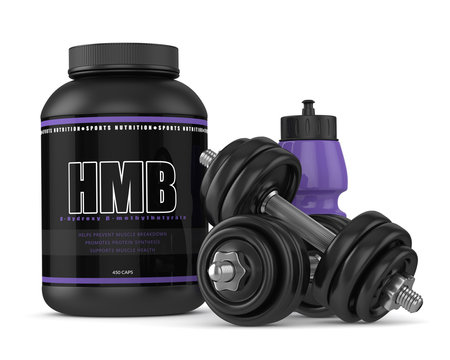 3d render of HMB container with dumbbells and bottle