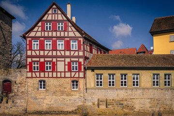 Cityscape with old, half-timbered buildings in romantic medieval town of Schwäbisch Hall in Baden-Württemberg, Germany