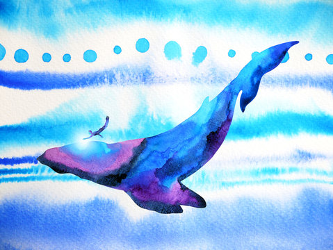 human and whale diving swimming underwater together watercolor painting illustration hand drawn