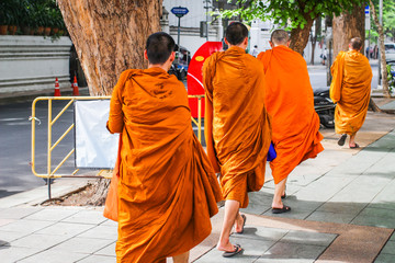 Thailand monk is walking on ground Bangkok Thailand 