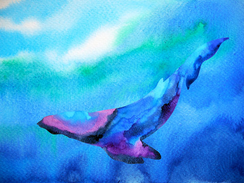 big whale diving swimming in deep blue ocean sea watercolor painting illustration design hand drawn