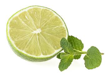 Slice of lime with fresh mint leaves isolated on white background