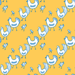 Seamless yellow pattern with chickens. Birds set. Hen, rooster, chickens. Pattern in sketch style with farm animals on yellow background. For kids, fabric, wrapping paper, textile, interior, Easter.