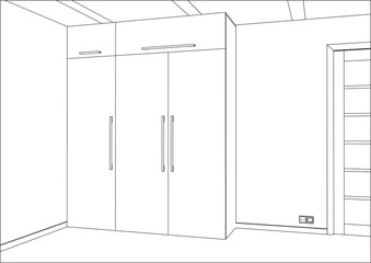 3D vector illustration. Wardrobe in the interior. Modern functional wardrobe with decorations and appliances. Home office with table. Table hidden in the closet. Lines, construction, appliances.