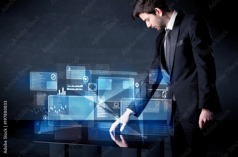 Poster Man pressing technology smart table interface with blue graphs