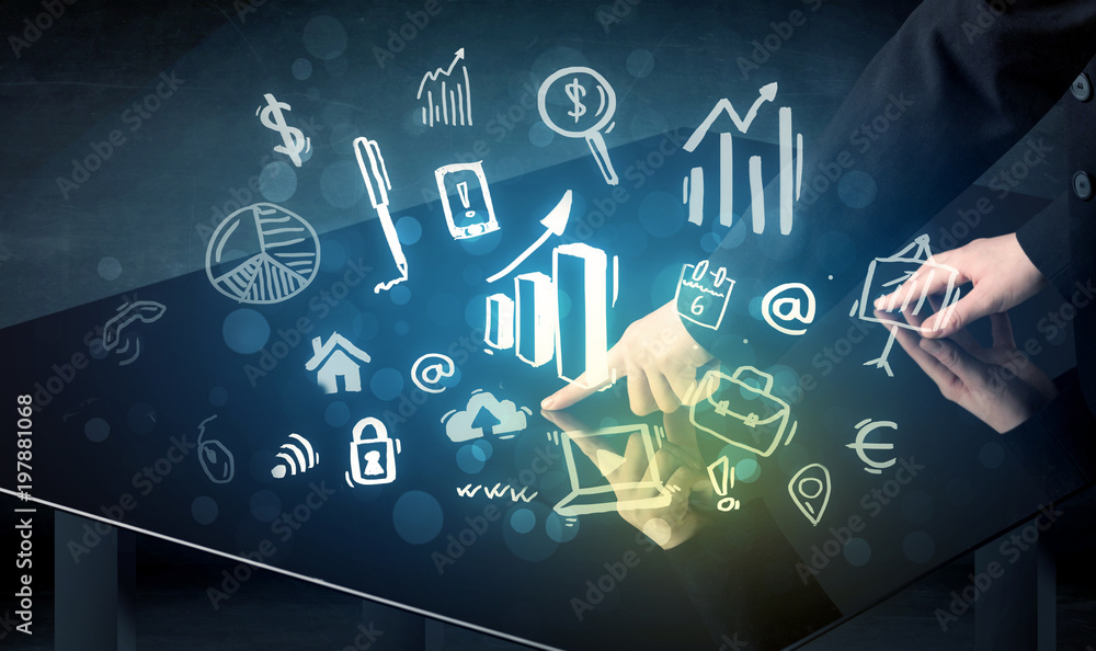 Poster Man touching technology smart table with business icons and symbols