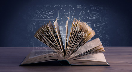 Hand-drawn financial plans and charts coming out of an open book 
