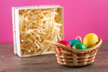 Easter basket filled with Easter Eggs over a colorful background