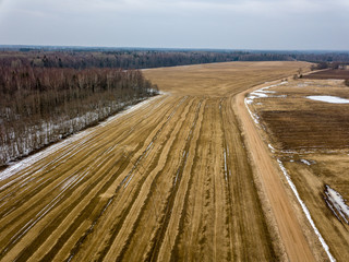 drone image. aerial view of rural area with fields in early spring