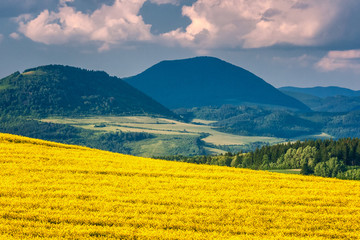 Landscape with fields of oilseed rape, mountains and blue sky with dramatic clouds in the background.