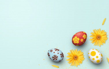 ester egg and gerbera flower on blue background