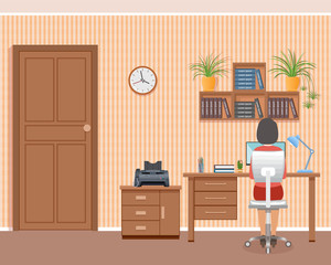 Business woman on working place at home. Freelance worker character working in domestic interior.