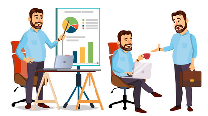 Boss Working Character Vector. Working Male. Modern Office Workplace. Animation Work. Cartoon Business Illustration