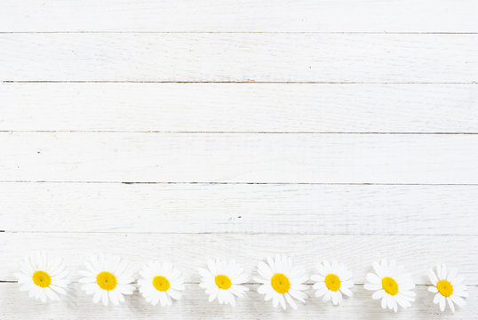 Flowers on white wood table background