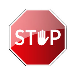 Stop road sign. Prohibited warning icon. Palm in red octagon. Road stop sign with hand isolated on white background. Glossy effect. Symbol of danger, attention, safety. Vector illustration