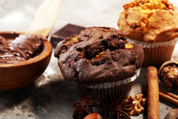 Chocolate muffin and nut muffin, homemade bakery on grey background