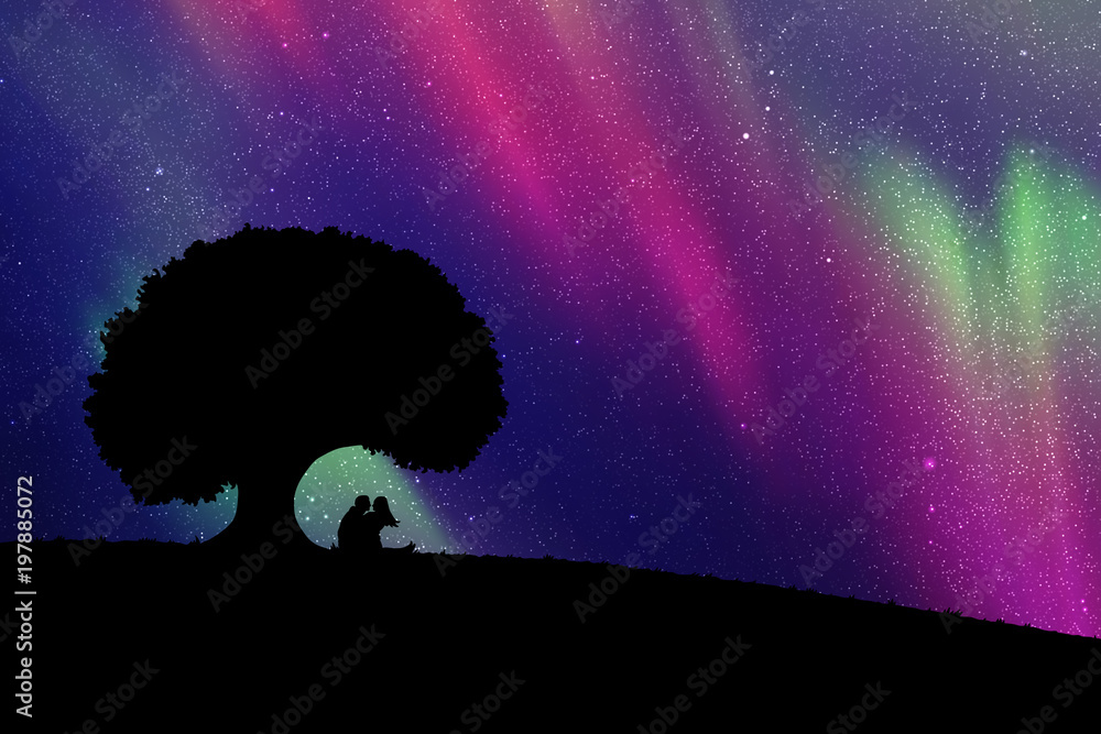 Sticker lovers under tree at night. vector illustration with silhouette of loving couple. northern lights in