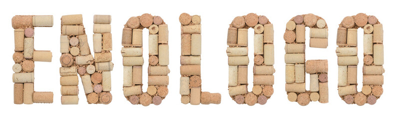 Word Winemaker in Italian Enologo made of wine corks Isolated on white background