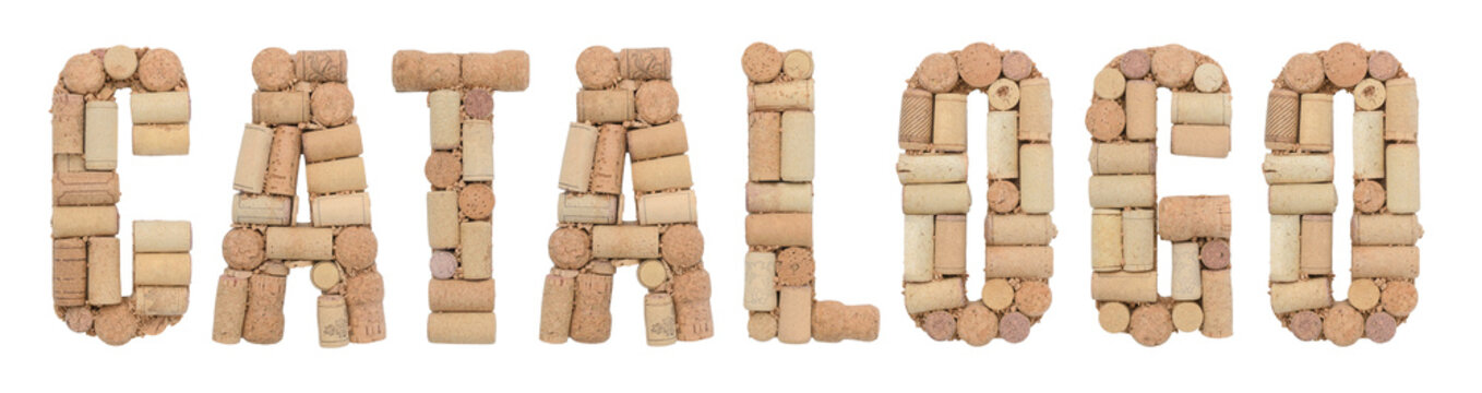 Word Catalog in Italian Catalogo made of wine corks Isolated on white background