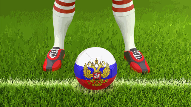 Man and soccer ball  with Russian flag