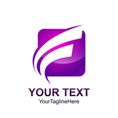 Initial letter F logo template colored purple curved swoosh square design for business and company identity