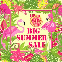Poster with big summer sale lettering, offer label, palm leaves, tropical flowers and pink flamingo. Art deco style. Vector background for banner, flyer, tag, card, brochure
