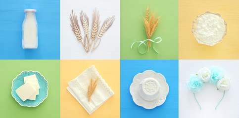Top view collage image of dairy products. Symbols of jewish holiday - Shavuot.