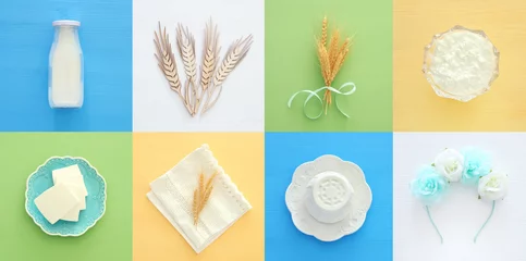 Papier Peint photo Produits laitiers Top view collage image of dairy products. Symbols of jewish holiday - Shavuot.
