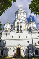 Fototapeta na wymiar The facade of Orthodox Church of the Beheading of Saint John the Baptist in Diakovo, Kolomenskoye, Moscow, Russia.
