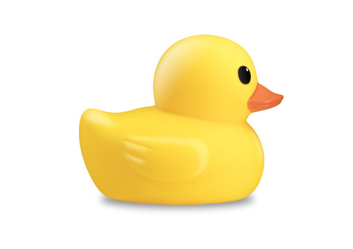 Cute Rubber Duck, Yellow plastic duck bath toy isolated on white background - realistic photo image with clip path