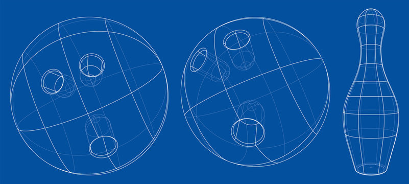 Bowling skittles and ball outline. Vector