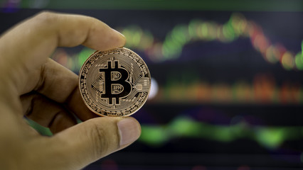 The copper bitcoin with trading graph background