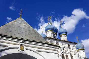 The elements of exterior of the Church of the Kazan Icon of the Mother of God, or Our Lady of Kazan in Kolomenskoye park in Moscow. Popular touristic landmark.