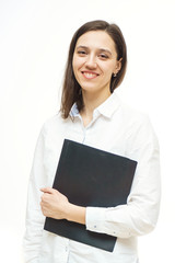beautiful businesswoman standing with folder in studio on the white background