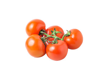 fresh tomatoes with green leaves isolated on white background
