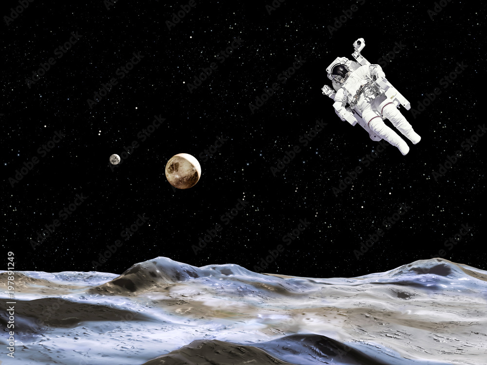 Poster spaceman in a spacesuit in outer space. astronaut landing on a planet. cosmonaut isolated on dark ba