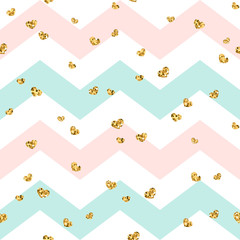 Gold heart seamless pattern. Pink-blue-white geometric zig zag, golden confetti-hearts. Symbol of love, Valentine day holiday. Zigzag design wallpaper, background, texture. Vector illustration