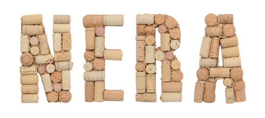 Word Black in italian Nera made of wine corks Isolated on white background