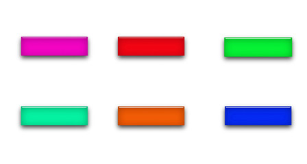 Set of multicolor blank rectangle glass buttons isolated ob white background. Web icons template. 3d illustration