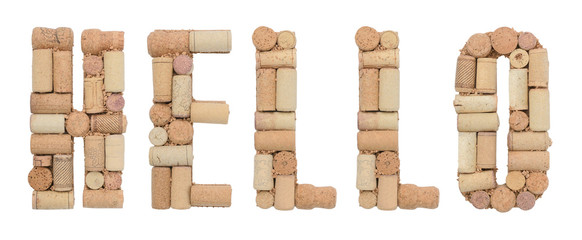 Word Hello made of wine corks Isolated on white background