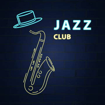 Jazz Neon. Saxophone. Jazz Neon Club. Vector Illustration Design.