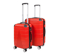 Red suitcase isolated on white background. Polycarbonate suitcase isolated on white. Red suitcase.